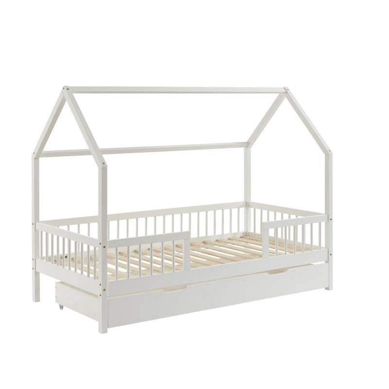 Lit cabane avec barrières TINY 90x190cm pin massif blanc sommier + tiroir inclus