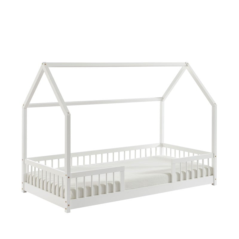 Lit cabane avec barrières TINY 90x190cm pin massif blanc sommier inclus