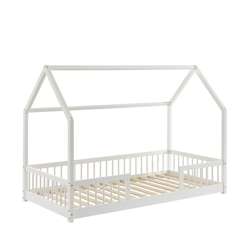 Lit cabane avec barrières TINY 90x190cm pin massif blanc sommier inclus
