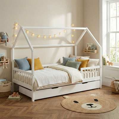 Lit cabane avec barrières TINY 90x190cm pin massif blanc sommier + tiroir inclus