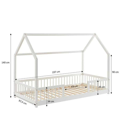 Lit cabane avec barrières TINY 90x190cm pin massif blanc sommier inclus