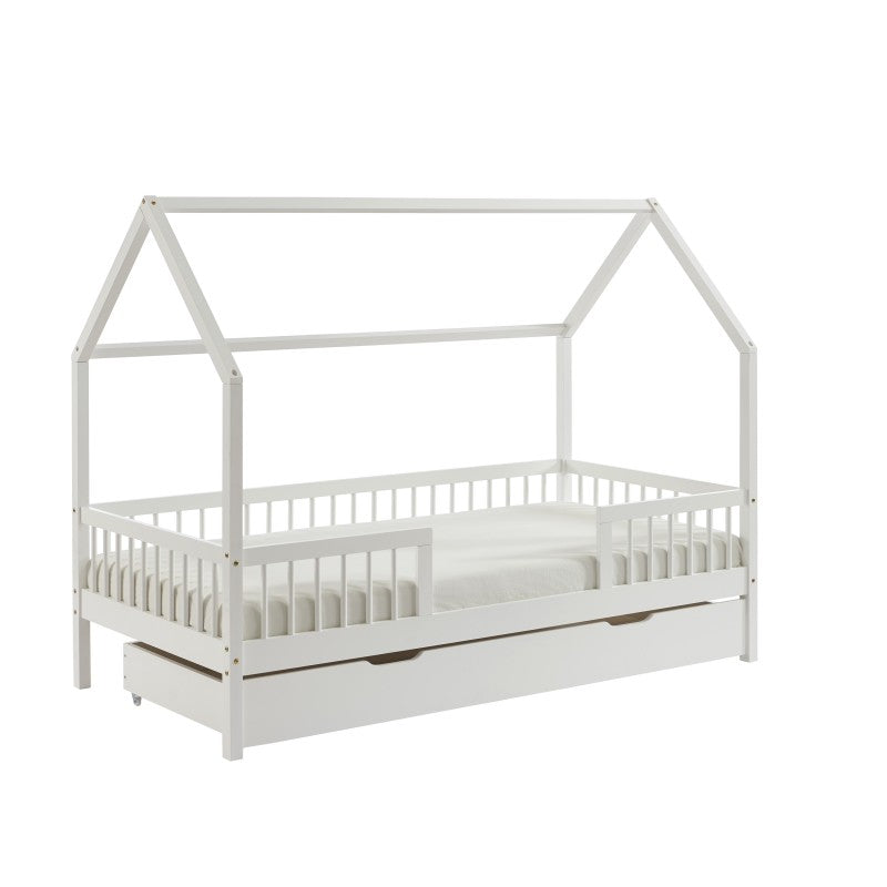 Lit cabane avec barrières TINY 90x190cm pin massif blanc sommier + tiroir inclus
