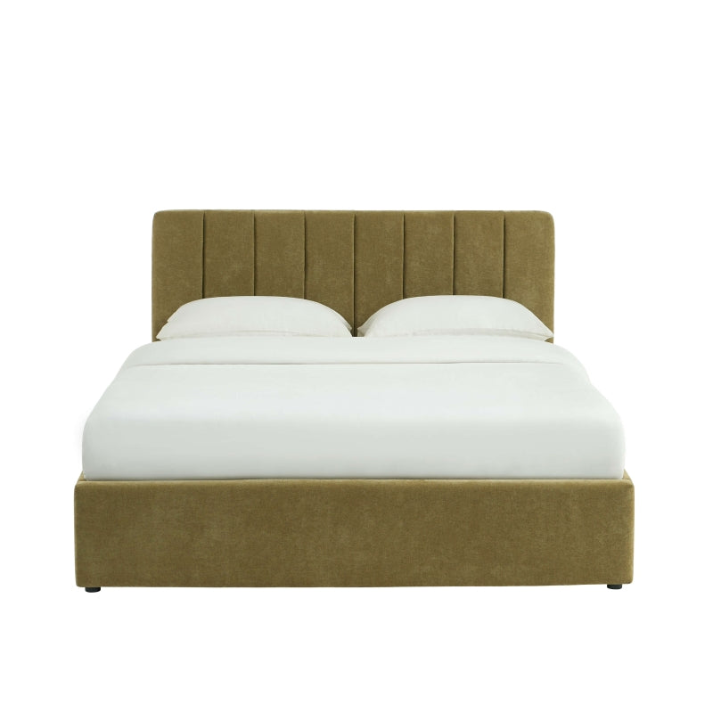 Lit coffre DARIO 160x200 tissu vert avec tête de lit matelassée et sommier inclus