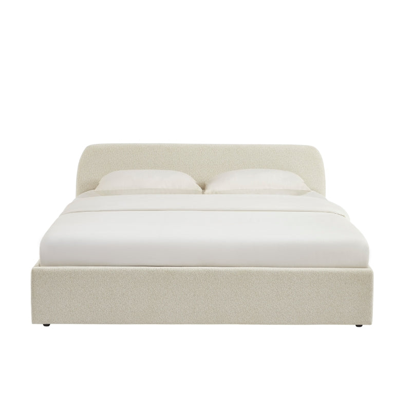 Lit coffre 180x200 tissu chenille écru avec sommier, design moderne épuré