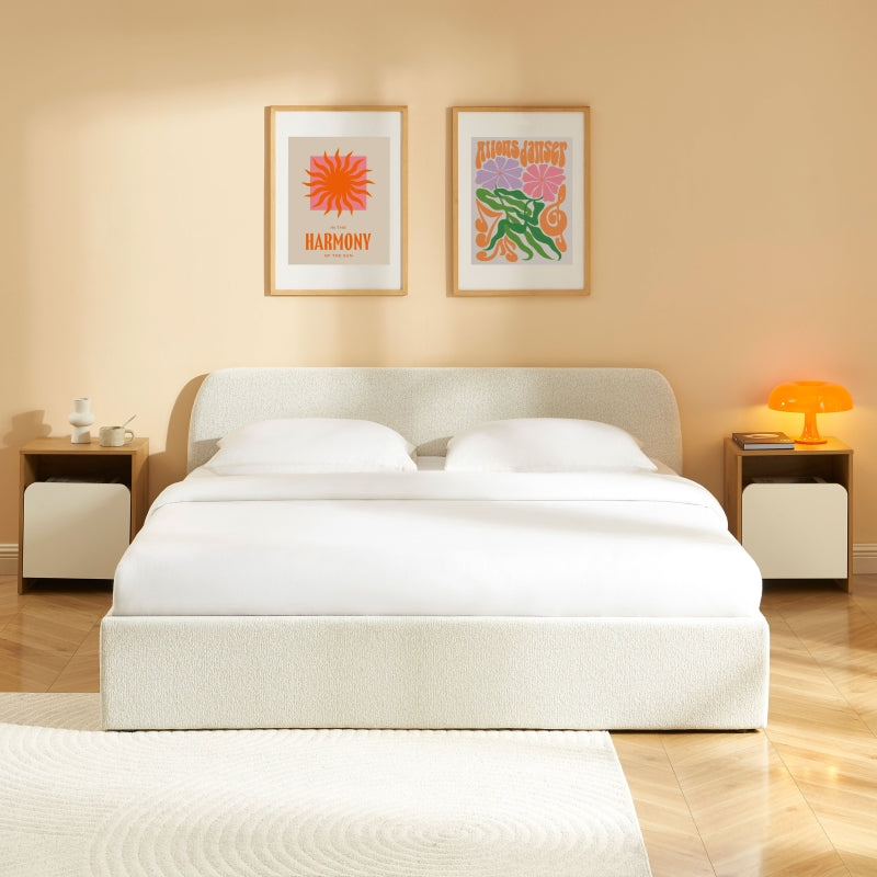 Lit coffre GELA 180x200 tissu chenille écru sommier inclus