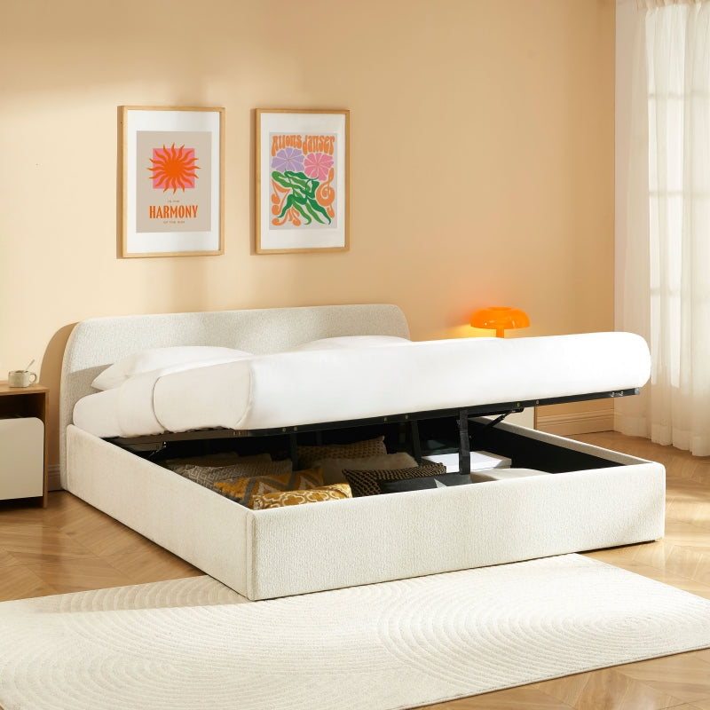Lit coffre GELA 180x200 tissu chenille écru sommier inclus