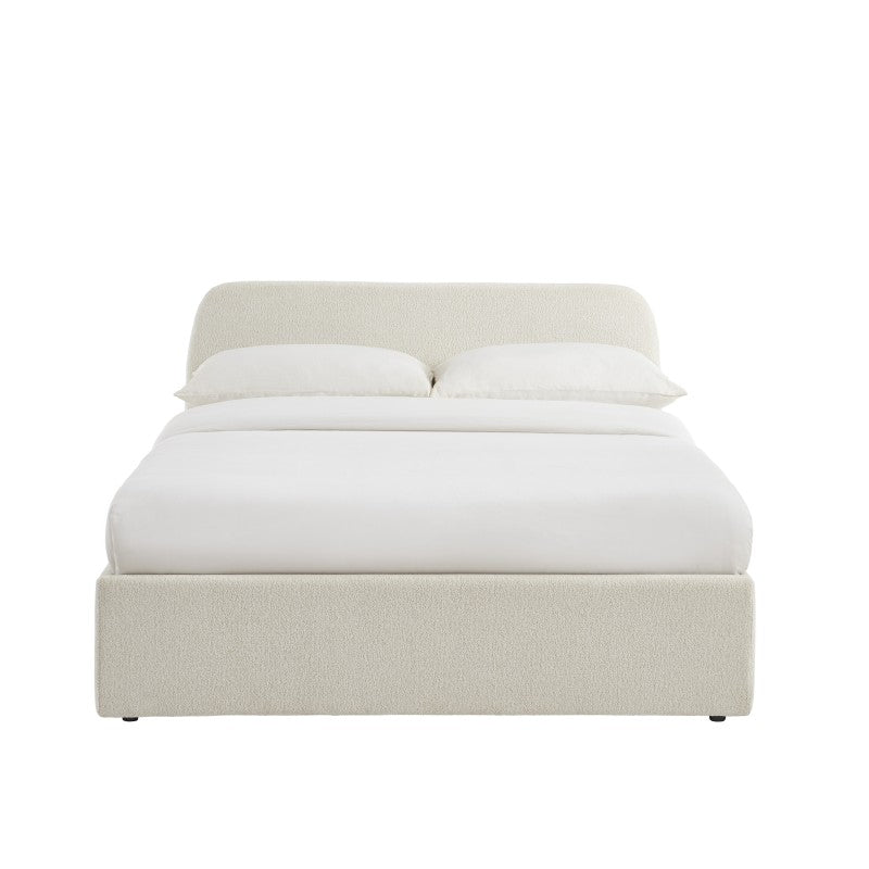 Lit coffre 140x190 tissu chenille écru avec sommier, design épuré et moderne
