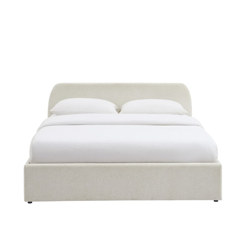 Lit coffre 160x200 tapissé tissu chenille écru, sommier inclus, design épuré