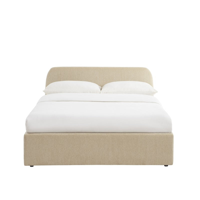 Lit coffre 140x190 tissu chenille beige avec sommier, design moderne épuré