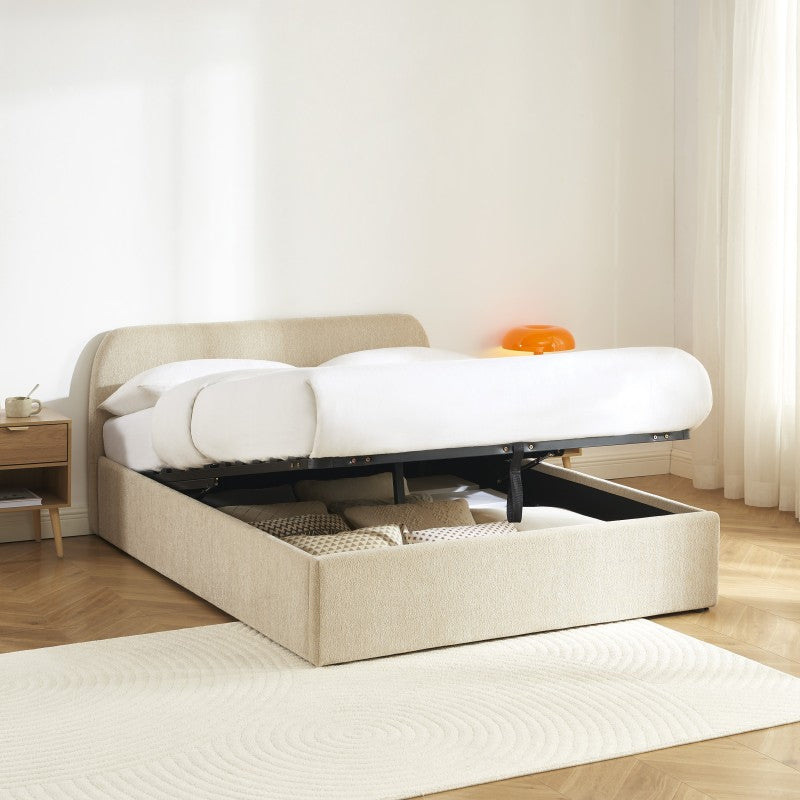 Lit coffre GELA 140x190 tissu chenille beige sommier inclus