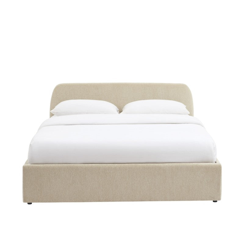 Lit coffre 160x200 en tissu chenille beige avec sommier, design moderne épuré