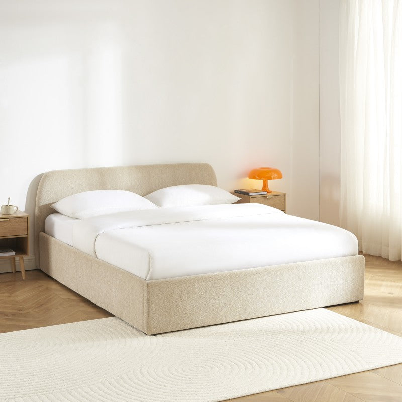 Lit coffre GELA 160x200 tissu chenille beige sommier inclus