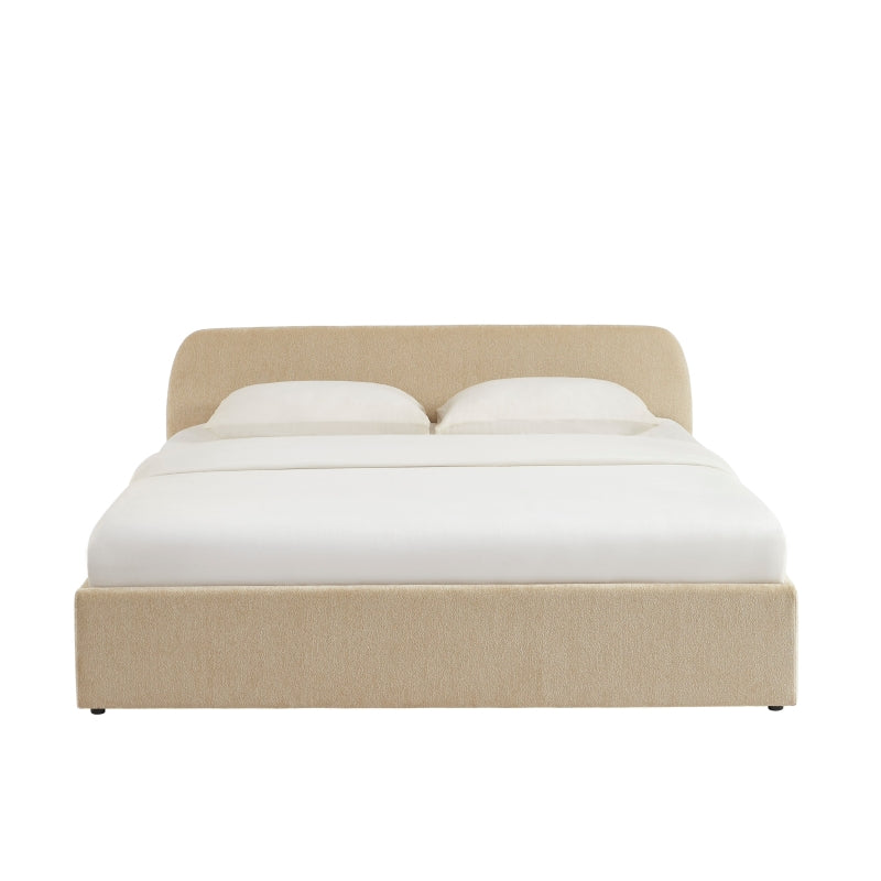 Lit coffre 180x200 en tissu chenille beige avec sommier, design épuré chambre moderne