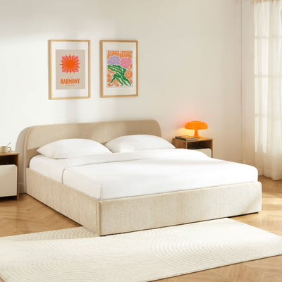 Lit coffre GELA 180x200 tissu chenille beige sommier inclus