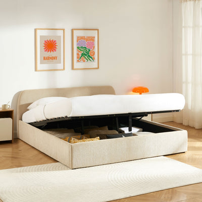 Lit coffre GELA 180x200 tissu chenille beige sommier inclus