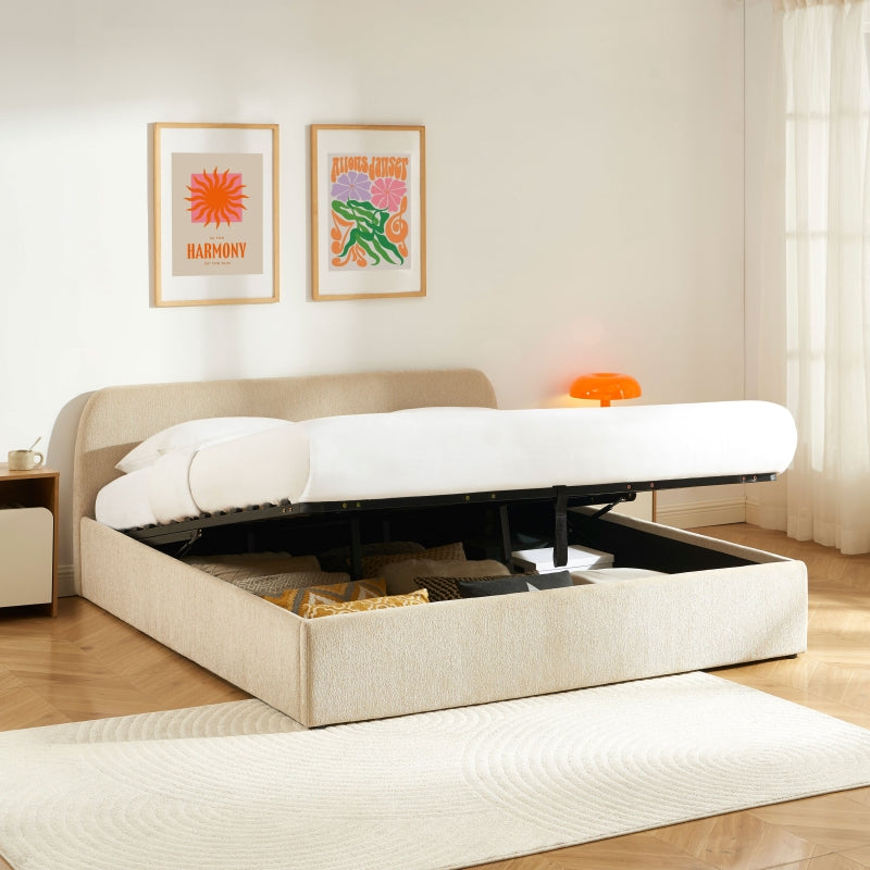Lit coffre GELA 180x200 tissu chenille beige sommier inclus