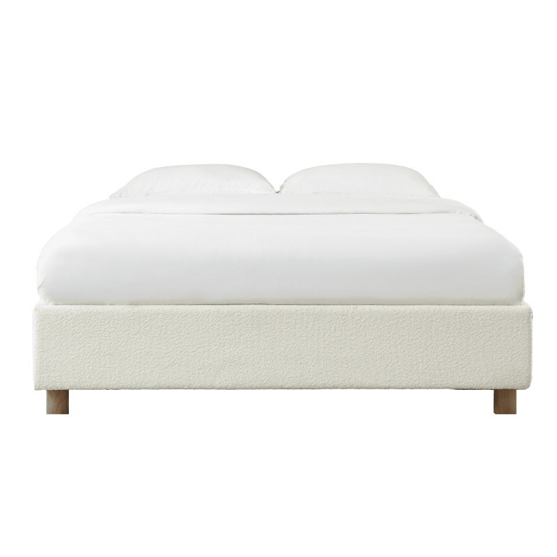 Lit coffre KORALL 160x200 en tissu bouclettes écru avec sommier et rangement intégré