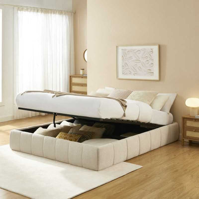 Lit coffre LAVINIA tissu chenille beige 160x200 sommier inclus