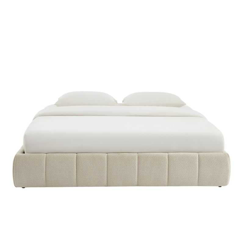 Lit coffre 180x200 tissu chenille beige avec sommier, design sobre et élégant