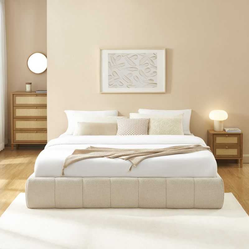 Lit coffre LAVINIA tissu chenille beige 180x200 sommier inclus