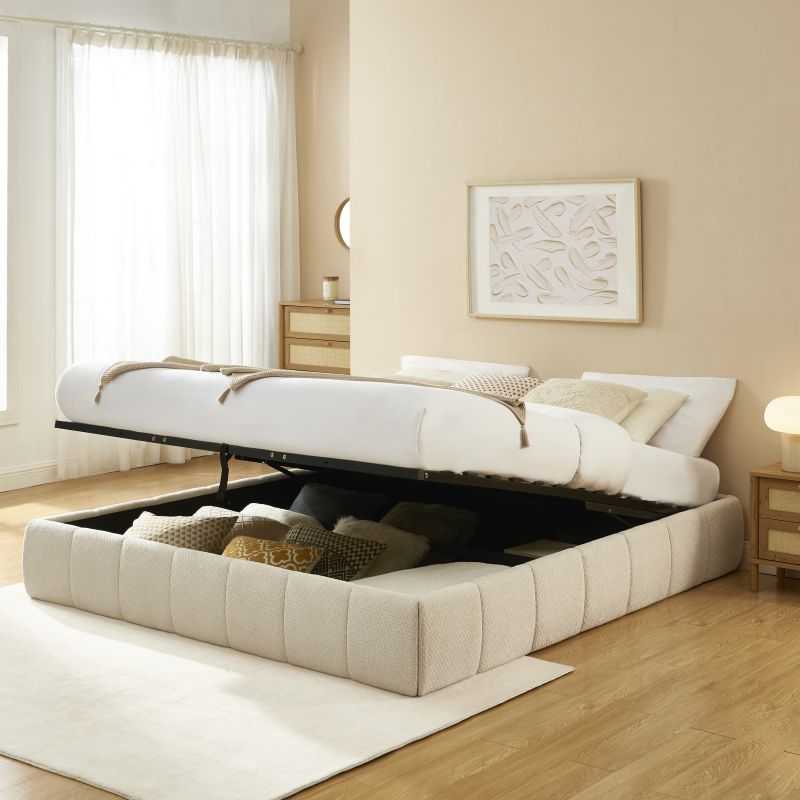 Lit coffre LAVINIA tissu chenille beige 180x200 sommier inclus