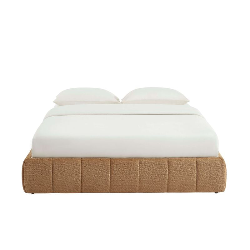 Lit coffre LAVINIA 160x200 tissu chenille caramel avec sommier, design sobre et élégant