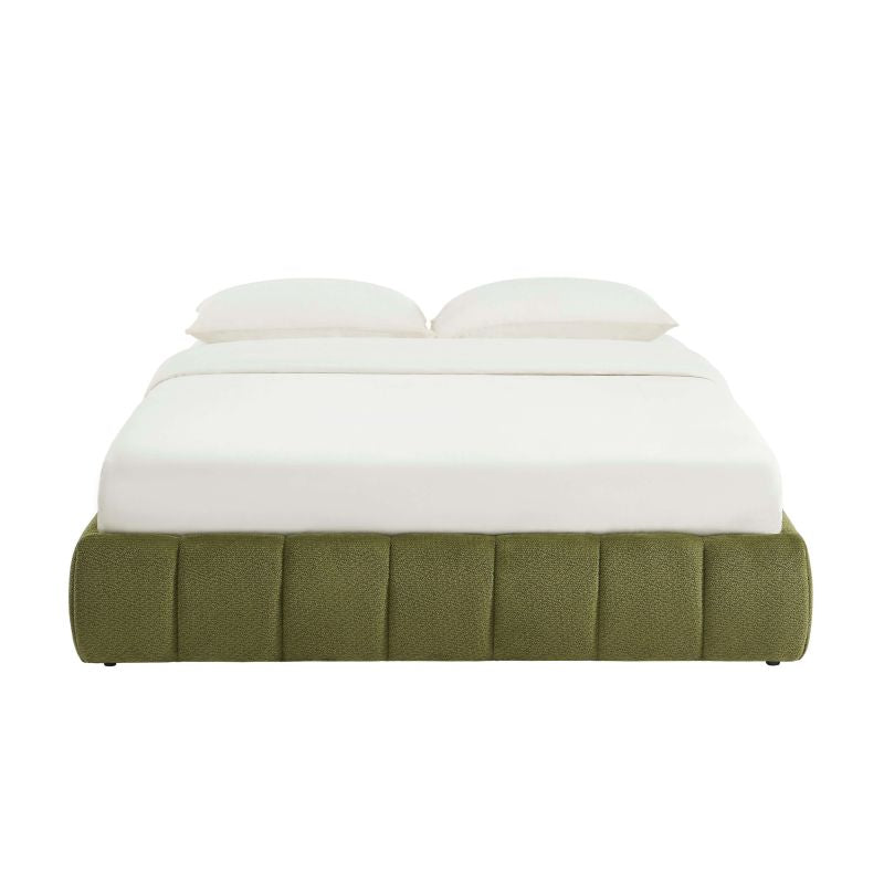 Lit coffre 160x200 tissu chenille vert avec sommier, design épuré chambre moderne