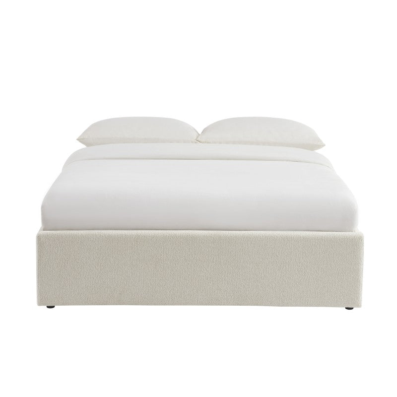 Lit coffre 140x190 tissu chenille beige avec sommier, design sobre et intemporel