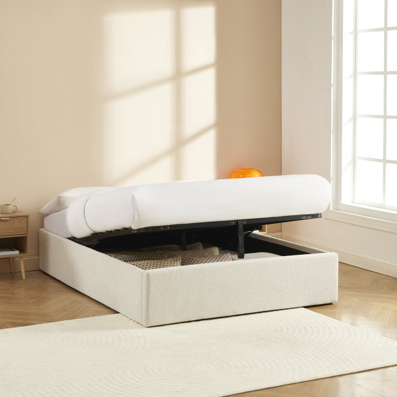 Lit coffre MARCY 140x190 tissu chenille beige sommier inclus