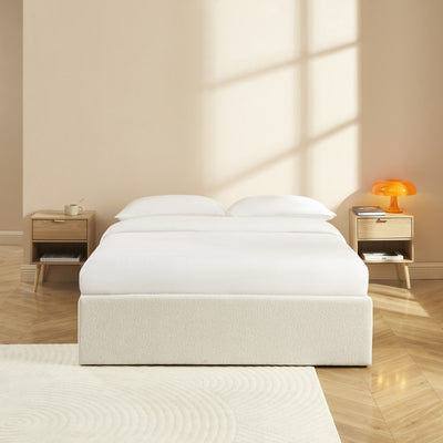 Lit coffre MARCY 140x190 tissu chenille beige sommier inclus