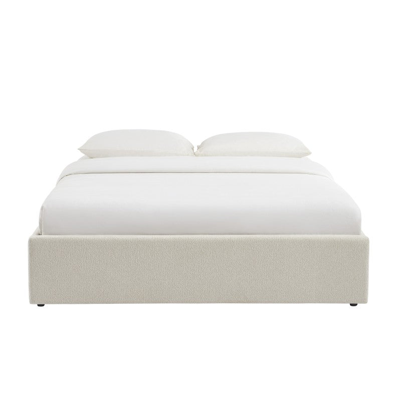 Lit coffre 160x200 tissu chenille beige avec sommier, design sobre et intemporel