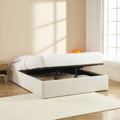 Lit coffre MARCY 160x200 tissu chenille beige sommier inclus