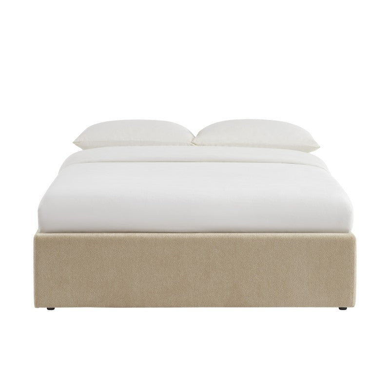 Lit coffre 140x190 tissu chenille grège avec sommier, design sobre et intemporel