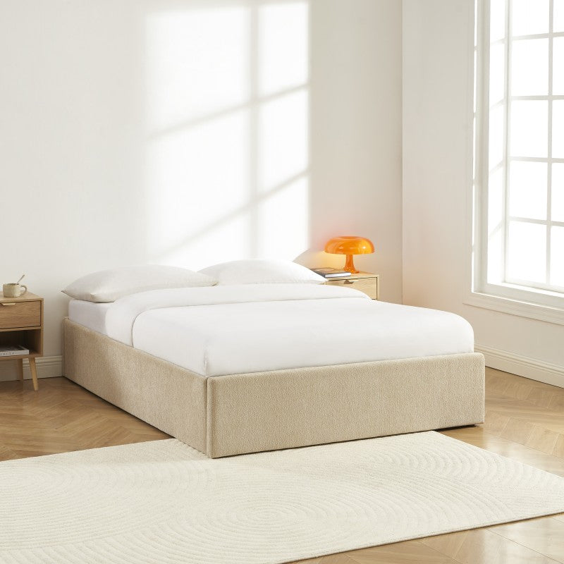 Lit coffre MARCY 140x190 tissu chenille grège sommier inclus