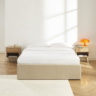 Lit coffre MARCY 140x190 tissu chenille grège sommier inclus