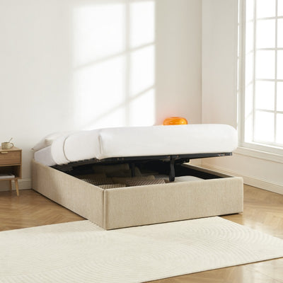 Lit coffre MARCY 140x190 tissu chenille grège sommier inclus