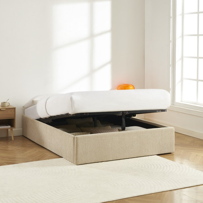 Lit coffre MARCY 140x190 tissu chenille grège sommier inclus