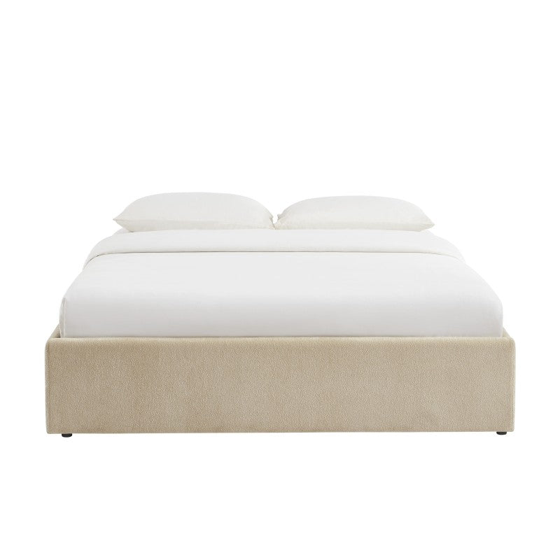 Lit coffre 160x200 tissu chenille grège avec sommier, design sobre et intemporel