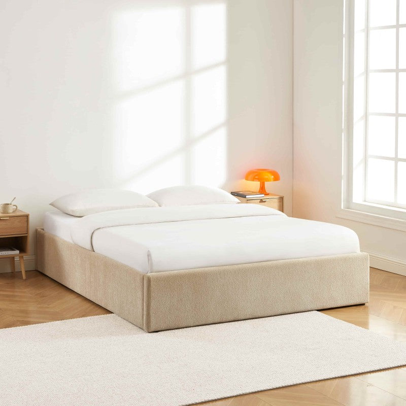 Lit coffre MARCY 160x200 tissu chenille grège sommier inclus