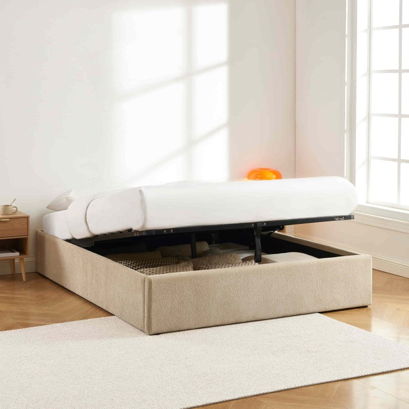 Lit coffre MARCY 160x200 tissu chenille grège sommier inclus