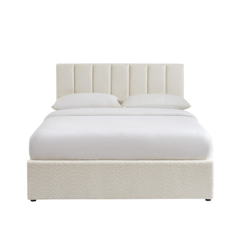 Lit coffre 140x190 tissu bouclette écrue, rangement intégré, style contemporain