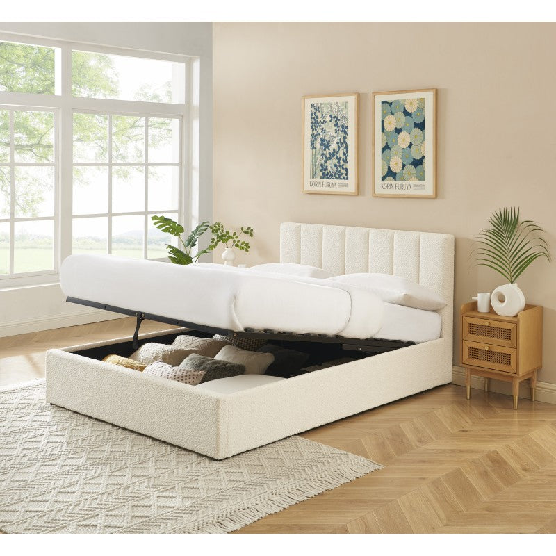 Lit coffre MARIUS 140x190 bouclette écrue sommier inclus