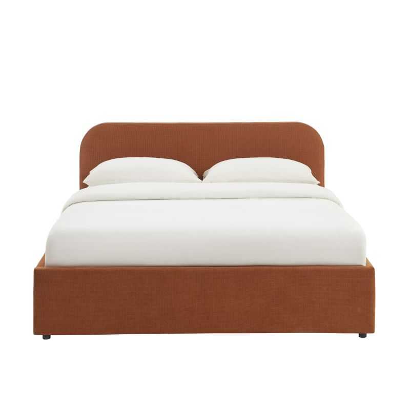 Lit coffre 160x200 tissu rouille avec sommier inclus, design chaleureux pour chambre moderne