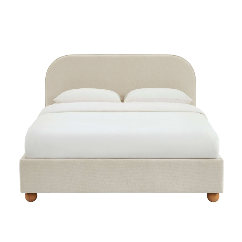 Lit coffre 140x190 tissu chenille beige, sommier inclus, design épuré chambre moderne