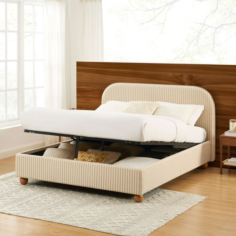 Lit coffre PILKA 140x190 tissu rayé beige et écru sommier inclus