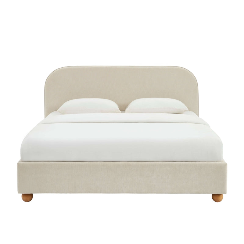 Lit coffre 180x200 tissu chenille beige avec sommier, design épuré chambre contemporaine