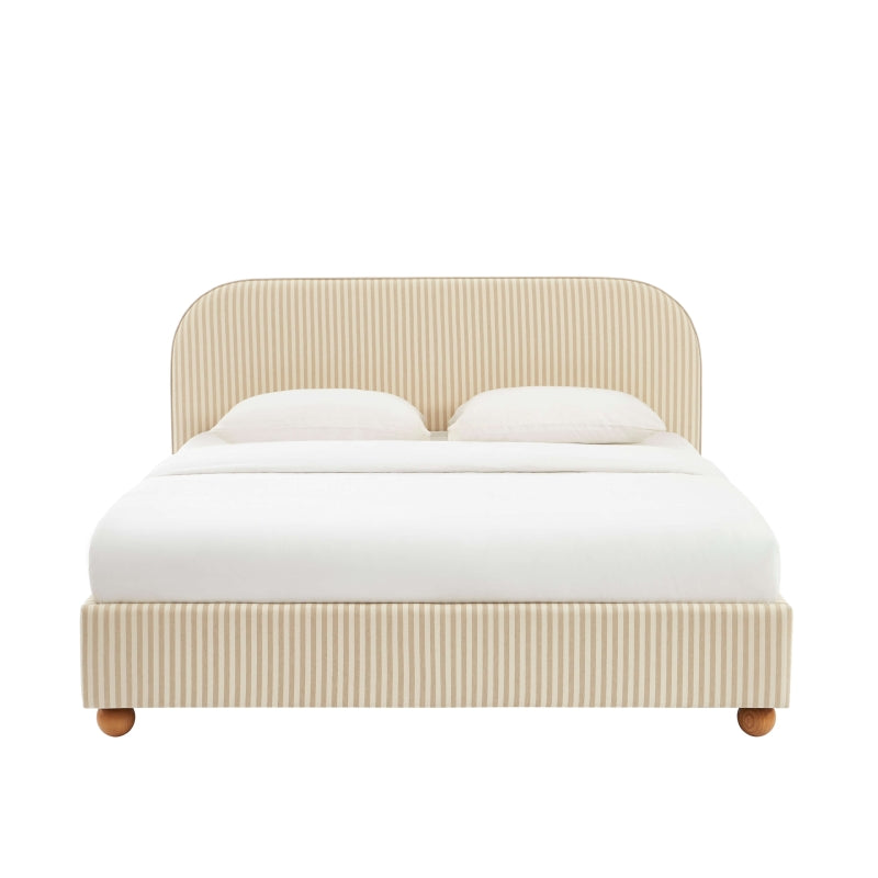 Lit coffre 180x200 tissu rayé beige et écru, sommier inclus, chambre contemporaine