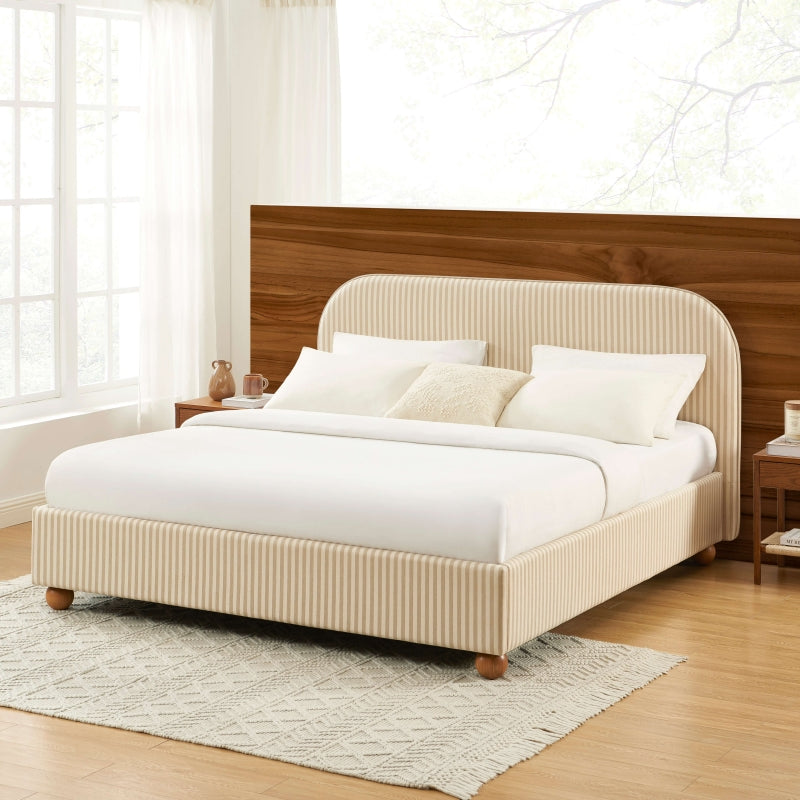 Lit coffre PILKA 180x200 tissu rayé beige et écru sommier inclus