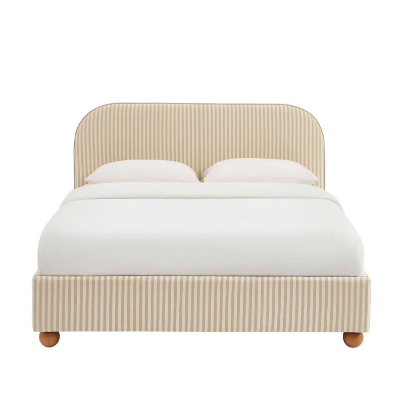Lit coffre 160x200 tissu rayé beige et écru, sommier inclus, chambre contemporaine