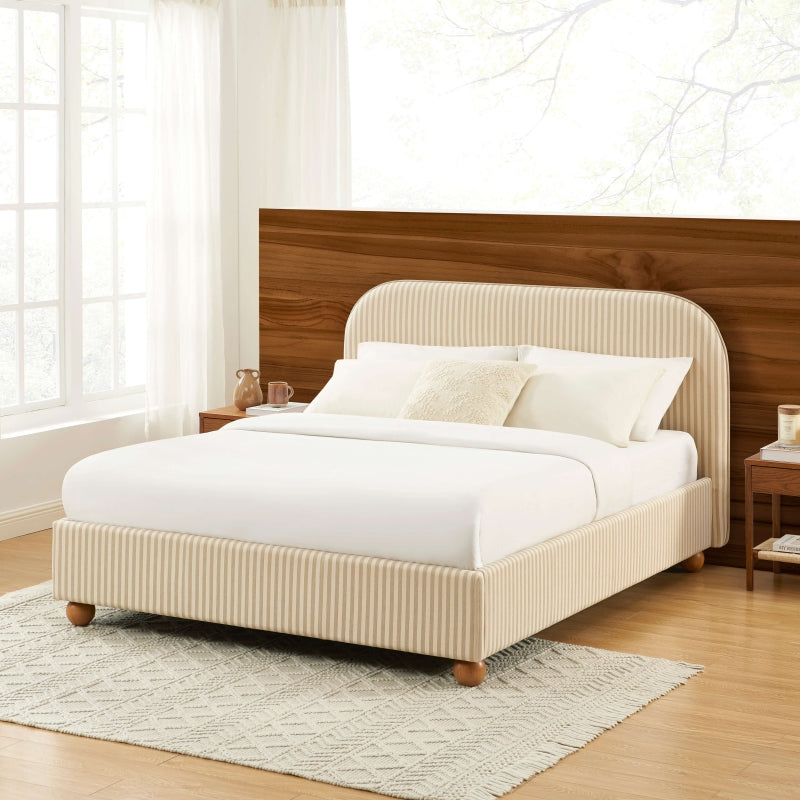 Lit coffre PILKA tissu rayé beige et écru 160x200 sommier inclus